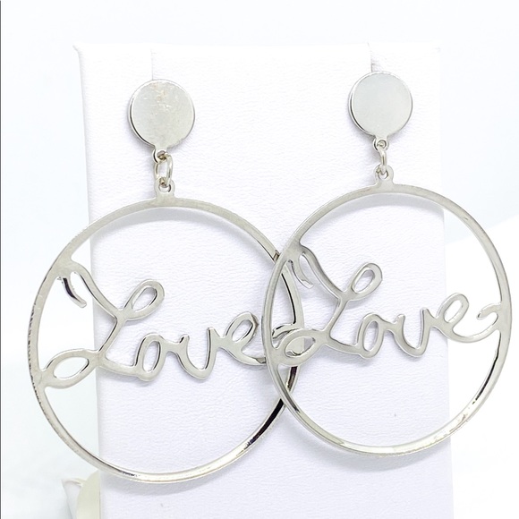 2 Pair Silver & Gold Love Hoop Earrings - Picture 6 of 10